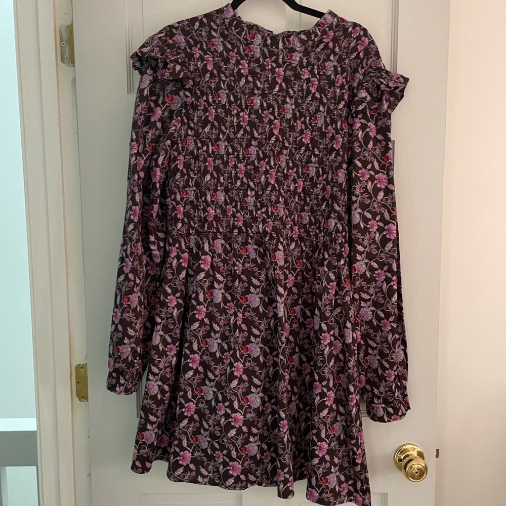 Euc GAP purple and black floral smocked long sleeve dress with pockets size XL